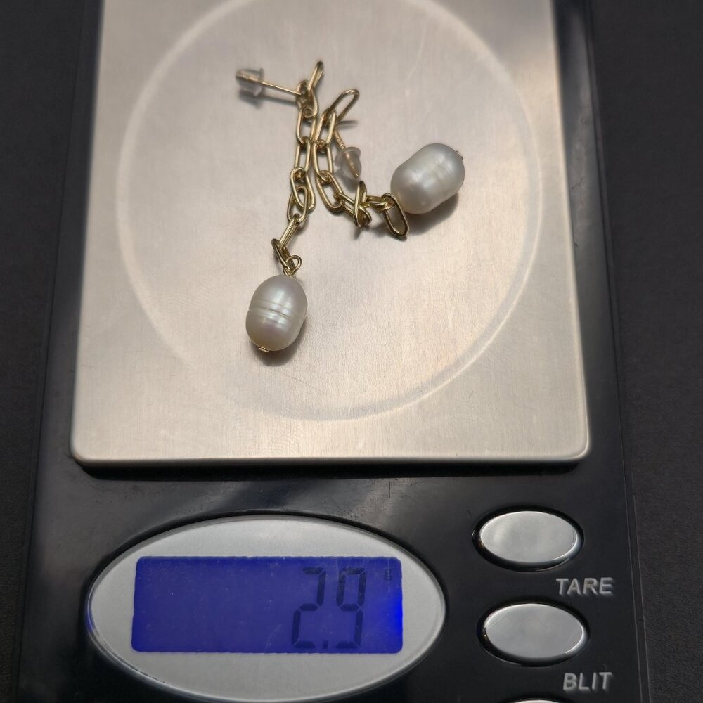 Gold Plated Genuine White Pearl Chain Earrings A6777 - Picture 5 of 5